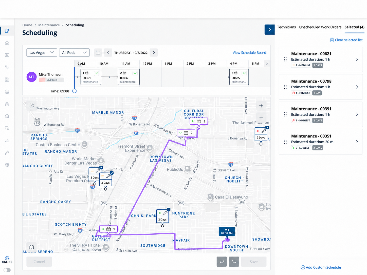 The scheduling workspace: a technician timeline above a live map of Las Vegas showing the technician's route, work-order markers with priority indicators, and a panel of selected unscheduled work orders
